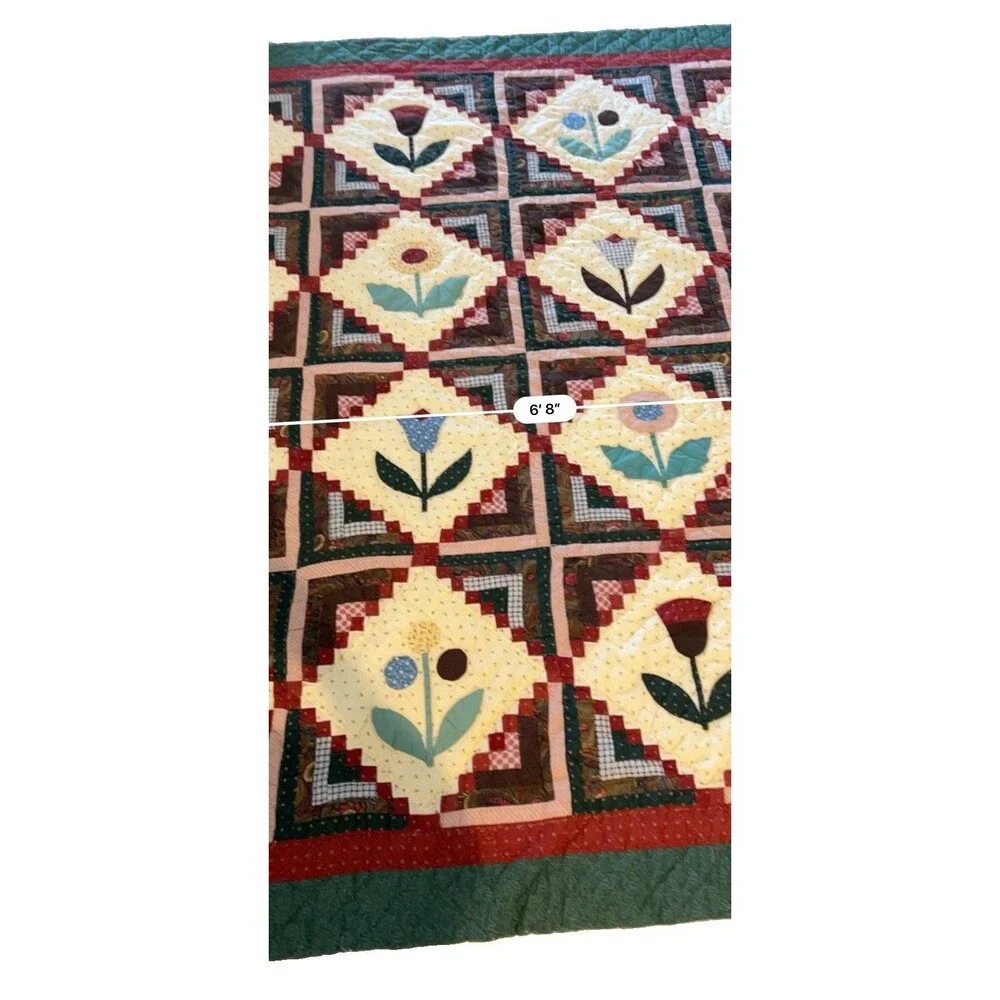 Pristine Vtg 1970s Handmade Tulip Log Cabin Quilt Hand Tied Full/Queen 80x80